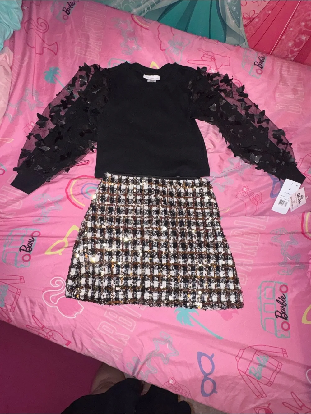 Girls Black Knit Top & Tweed Skirt Matching Set - Black